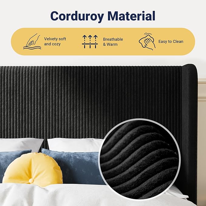 Allewie Queen Size Bed Frame with Upholstered Wingback Headboard, Vertical Channel Tufted Corduroy Velvet Platform Bed, Strong Wooden Slats Support, No Box Spring Needed, Easy Assembly, Sturdy, Black