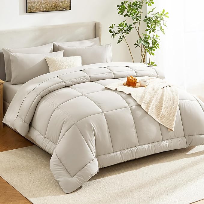 CozyLux Oversized King Comforter Sets Beige, 7 Pieces Bed in a Bag, Ultra-Soft All Season Bedding Sets with Stitch Quilted Comforter, Flat Sheet, Fitted Sheet, Pillowcases