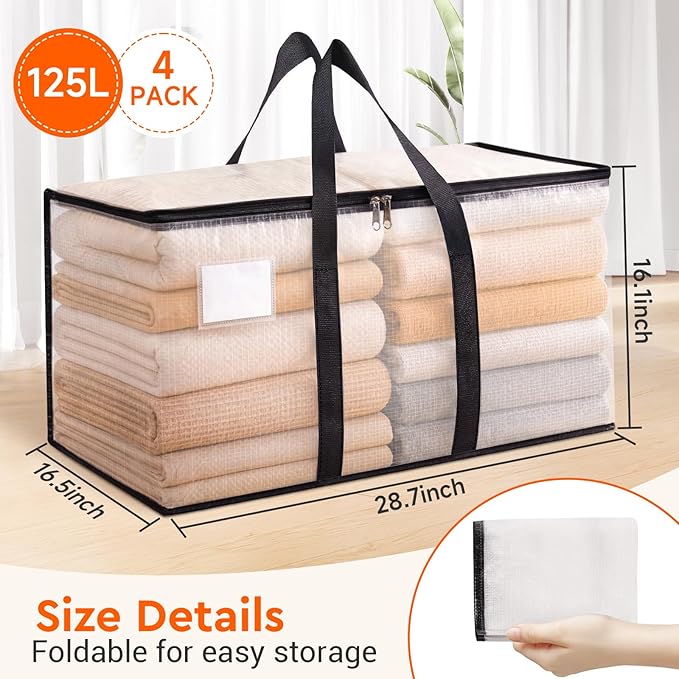 BlissTotes Moving Bags, 125L 4-Pack Storage Bags, Moving Box Heavy Duty Extra Large, Moving Totes with Zipper, Large Packing Bag with Reinforced Handles, Boxes for Packaging Moving