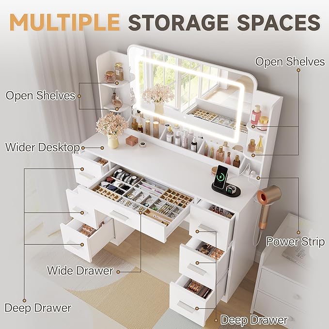 YESHOMY 43.3''Vanity Desk with LED Mirror & Power Outlet, 7 Drawer Makeup Vanity with Side Shelves, Lighted Dressing Table for Bedroom(White