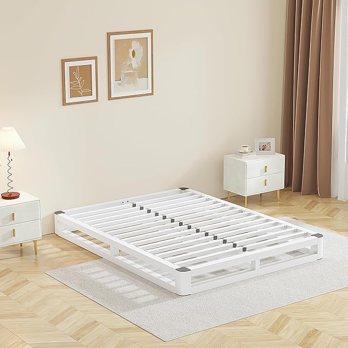6 Inch Queen Bed Frame with Rounded Corner and Squeak Free U-Slot Design, Metal Platform Bed Frames 6 Non-Slip Guards, 3500lbs Heavy Duty Steel Slat Support, No Box Spring Needed, White