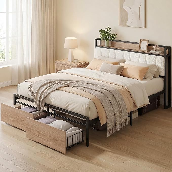 LIKIMIO Queen Size Bed Frame, Storage Headboard with Charging Station, Platform Bed with Drawers, No Box Spring Needed, Easy Assembly, Wood and Cream