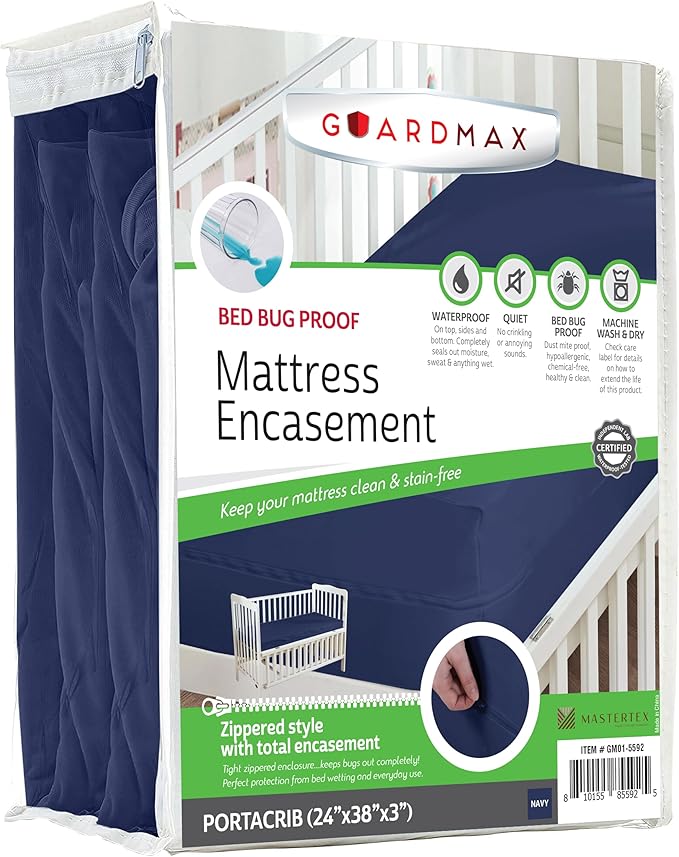 Guardmax Portacrib Mattress Encasement with Zipper, Waterproof, Bed Bug Proof, and Dust Mite Proof Mattress Protector for Portacrib Size Bed up to 3" Deep, Zippered All Around Jersey Knitted Cover