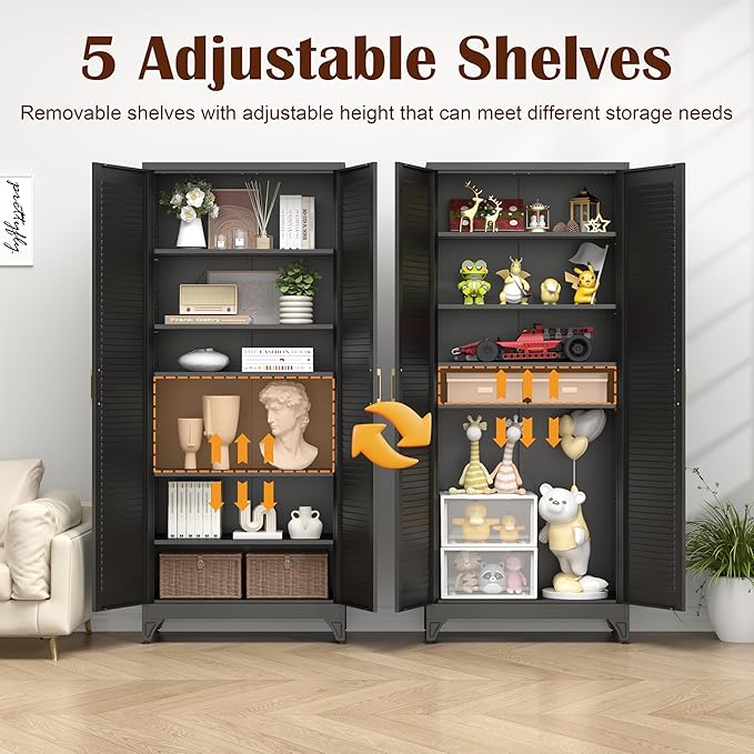SteeLoong Kitchen Pantry Cabinet,75" Metal Storage Cabinet with Doors and 5 Adjustable Shelves,Black Tall Locker Organizer Steel Garage Cabinets for Tool,File Cabinet for Office,Kitchen,Garage,School