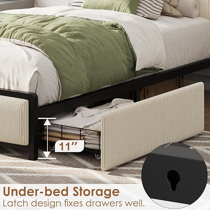 Twin-XL Size Bed Frame with Storage Headboard, Black Corduroy Upholstered Twin Platform Bedframe with Storage Drawers and Charging Station, No Box Spring Needed, Noise Free