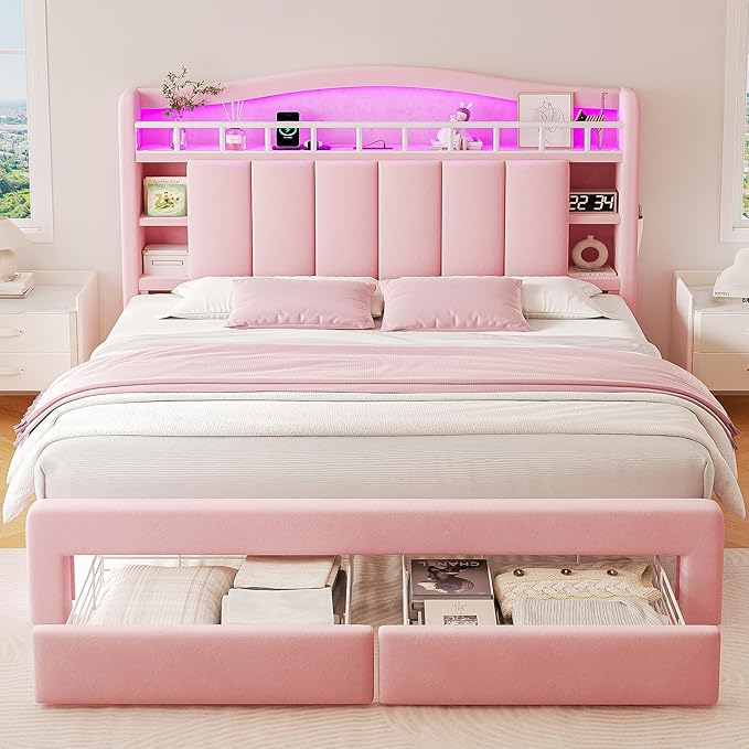 Queen LED Bed Frame with Storage Headboard & 2 Storage Drawers, Princess Velvet Upholstered Bed with Vertical Tufted Headboard Design for Girls, USB & Type-C Charging Ports, Wooden Slats Support, Pink