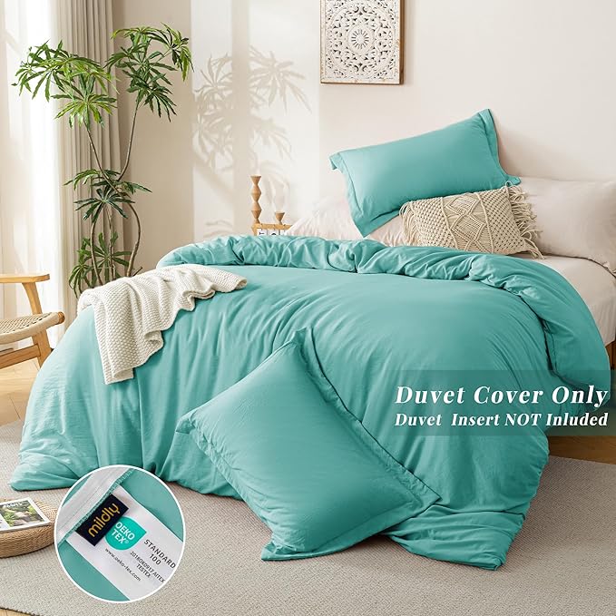 MILDLY Super Soft Duvet Cover - 100% Washed Microfiber Turquoise Comforter Cover Set 3 Pieces with Zipper Closure & Corner Ties (No Comforter)