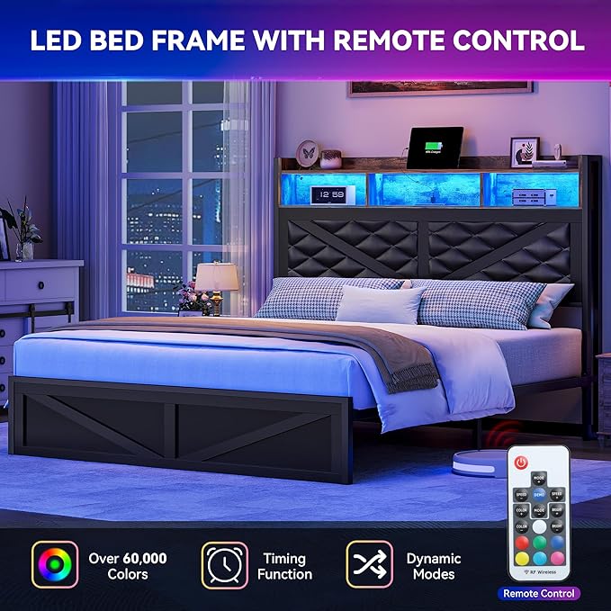DWVO Bed Frame with Charging Station and Storage Headboard, Upholstered Platform with Large Under Bed Storage and LED Light, No Box Spring Needed, Noise Free, Faux Leather, Black, Queen Size