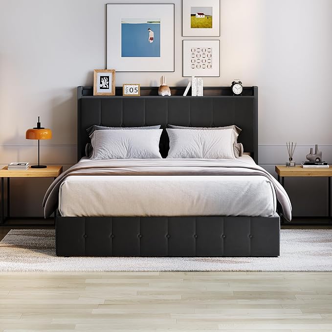Garvee Queen Size Lift Up Storage Bed, Upholstered Velvet Bed Frame with Storage Headboard, Metal Platform Bed, No Box Spring Needed, Solid Wooden Slats, Noise Free, Black