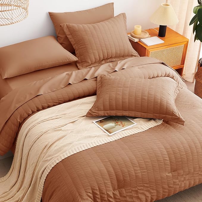 CozyLux Full Size Comforter Sets with Sheets 7 Pieces, Pumpkin Seersucker Bed in a Bag Textured Luxury Soft Bedding Set with Down Alternative Comforter, Sheets, Pillowcases & Shams for All Season