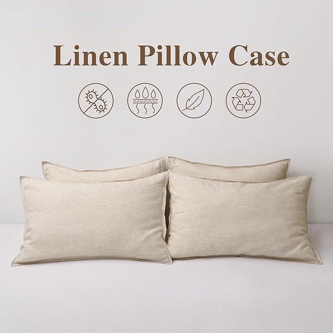 CHUFFED 100% French Linen Pillow Cases Standrad Size Set of 2, Stone Washed Flax Pillow Shams with Zipper Closure - Breathable & Cooling for Hot Sleepers,20x26 Inches,Brown Stripe