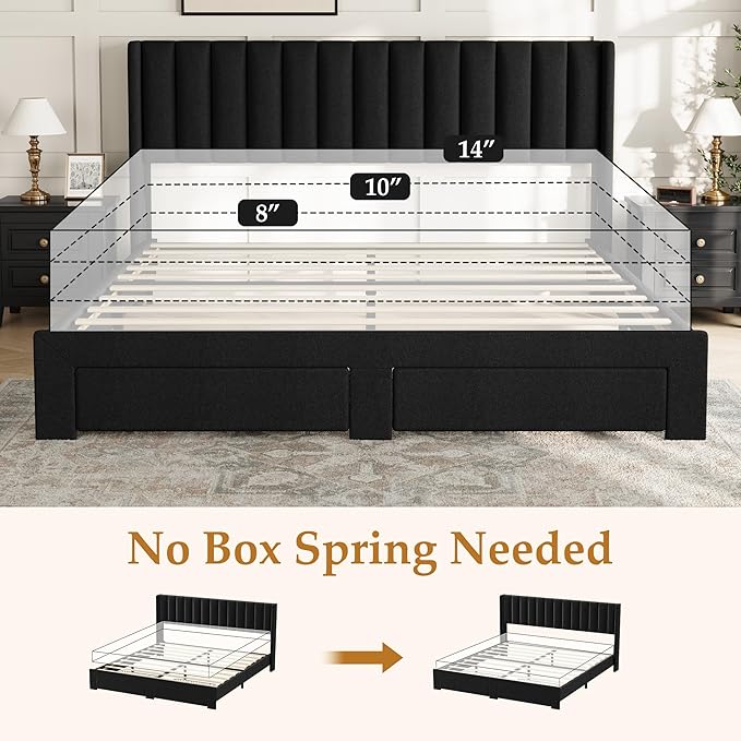 Garvee King Size Bed Frame, Velvet Upholstered Bed Frame with Wingback Headboard, 2 Storage Drawers, No Box Spring Needed, Black