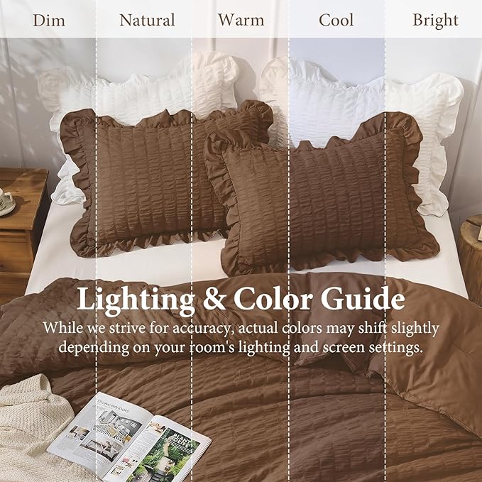 JOLLYVOGUE Full Size Comforter, 3 Pieces Oak Brown Seersucker Lightweight Full Size Bedding, All Season Fluffy Microfiber Bedding Comforter Set with 1 Ruffle Comforter and 2 Ruffle Pillowshams