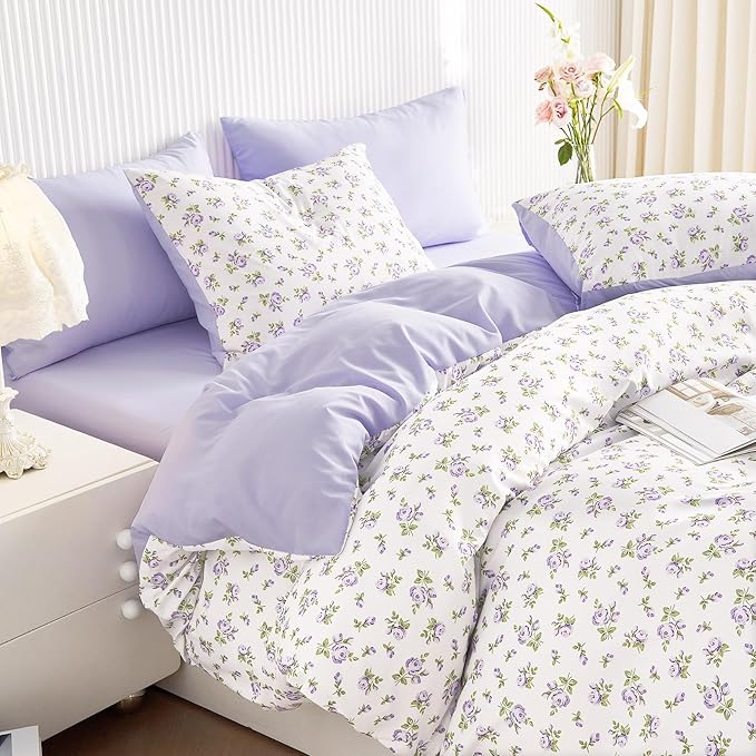 Wake In Cloud - Coquette Duvet Cover Set, Floral Cottagecore Flower Shabby Chic Cute Aesthetic, Soft Lightweight Bedding for Women Teen Girls, 3-Piece, White Purple, Full Size