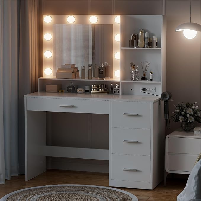 YESHOMY 39" Vanity Desk with Mirror & Lights, Makeup Vanity Table with Power Outlet & Storage Drawers, 3 Color LED Lighting, Dressing Table for Bedroom, Pure White