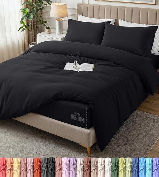 Utopia Bedding Duvet Cover Full with Fitted Sheet (54x75) - 2 Pillow Case (20x30) - All Season Luxury Bed in a Bag with Zippered Duvet Cover - No Comforter (Black)