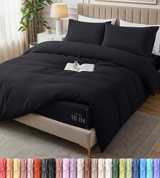 Utopia Bedding Duvet Cover King with Fitted Sheet (78x80) - 2 Pillow Case King - All Season Luxury Bed in a Bag with Zippered Duvet Cover - No Comforter (Black)