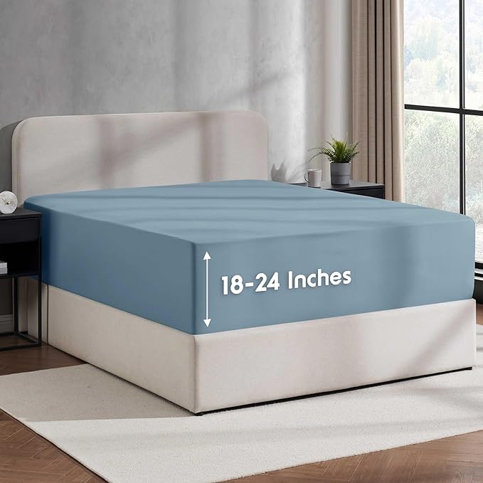 Nestl 2 Pack Stone Blue Fitted Sheet Extra Deep Pocket, Hotel Luxury KingFitted Sheet Only Easily Fits 18 to 24 Inch Mattress, Super Soft, Wrinkle-Free and Breathable with Corner Straps