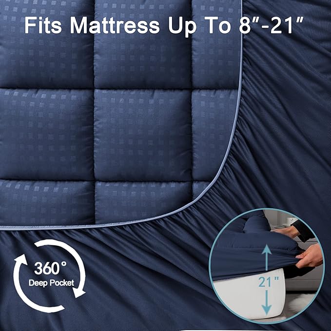 HYLEORY California King Mattress Pad Quilted Fitted Mattress Protector Cooling Pillow Top Mattress Cover Breathable Fluffy Soft Mattress Topper with 8-21" Deep Pocket, Navy
