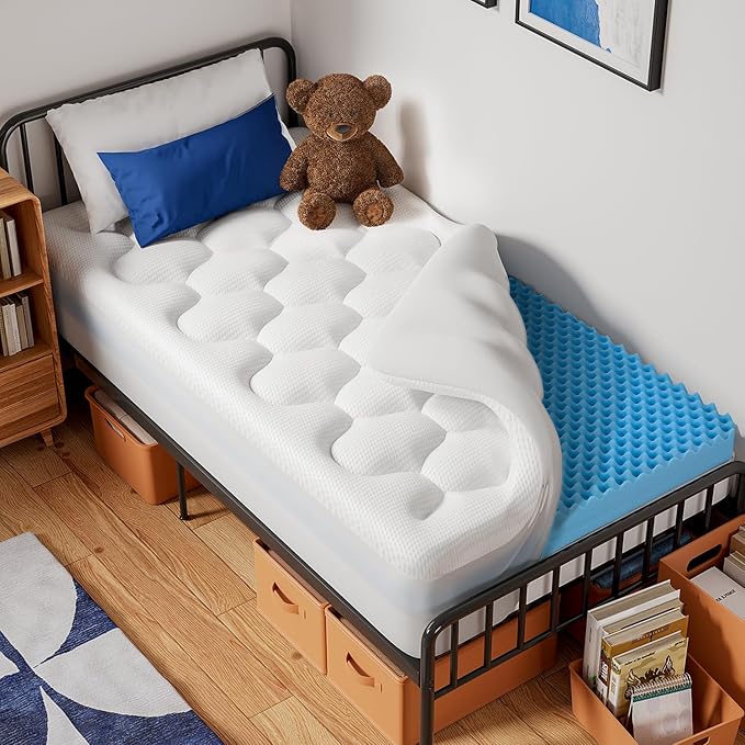 OhGeni Cooling 5 Inch Twin XL Dual Layer Mattress Topper, 3 Inch Egg Crate Gel Memory Foam, 2 Inch Pillow Top Pad, College Dorm Essentials Bedroom Mattresses Cover, Sleep Comfort and Back Pain Relief