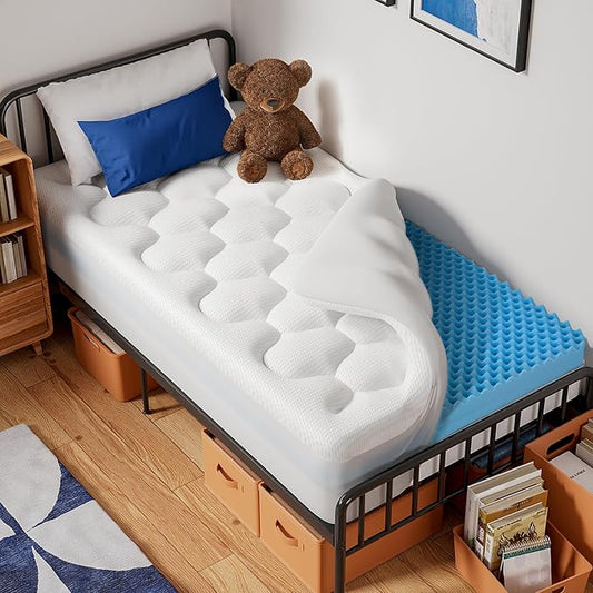 OhGeni Cooling 5 Inch Twin XL Dual Layer Mattress Topper, 3 Inch Egg Crate Gel Memory Foam, 2 Inch Pillow Top Pad, College Dorm Essentials Bedroom Mattresses Cover, Sleep Comfort and Back Pain Relief