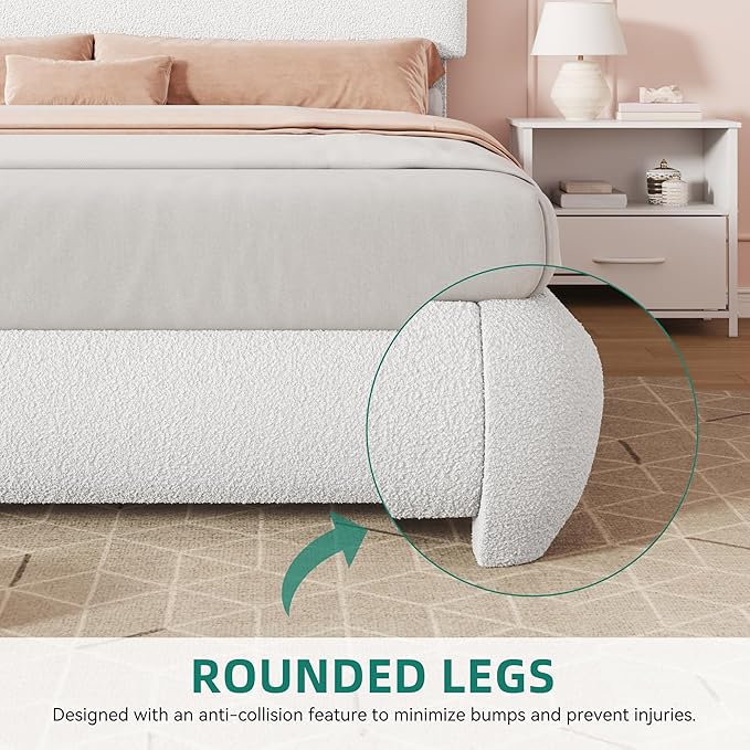 YITAHOME Queen Size Boucle Bed Frame, Upholstered Platform Bed Frame with Headboard, Modern Style, Soft Rounded Corners with Thickened Footboard, No Box Spring Needed, Easy Assembly, White
