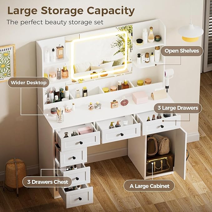 COMHOMA Makeup Vanity Desk with Mirror and Lights, Large Vanity Table with 6 Drawers & 1 Storage Cabinet, White Bedroom Dressing Table for Girls, 3 Color Modes Adjustable Mirror, White