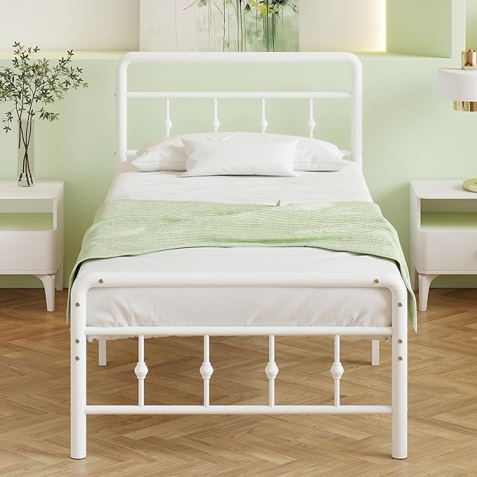 14 Inch White Twin Bed Frames with Victorian Headboard and Footboard, Heavy Duty Vintage Twin Bed Frame No Box Spring Needed, Metal Mattress Foundation, Easy Assembly