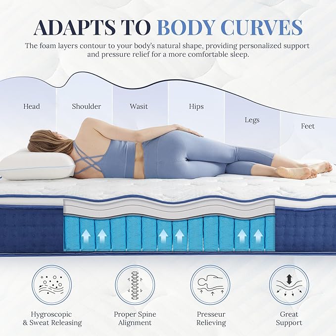 King Size Mattress, 12 Inch Hybrid Mattress King Size, Medium Feel Foam and Individual Pocket Springs, Extra Edge Support, Pressure Relief, CertiPUR-US, Blue