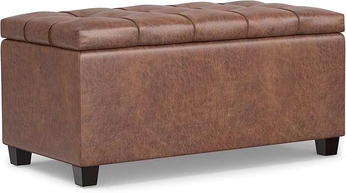 SIMPLIHOME Sienna Storage Ottoman Bench - 33 inch Wide Upholstered Vegan Leather Rectangle Storage Ottoman Bench in Distressed Saddle Brown, Transitional Tufted Ottoman for Living Room with Lift Top