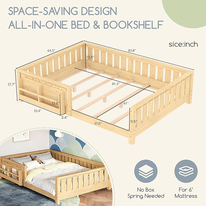 Bellemave Queen Floor Bed Frame with Fence & Bookshelf, Solid Wood Montessori Floor Bed Frame Queen with Slats Load 550LBS, Low Floor Bed for Kids, Bedroom, Nursery, Easy Assembly, Natural