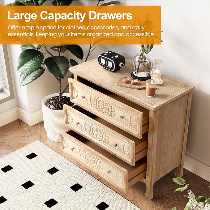 FansaFurn 3 Drawer Dresser with Pattern Carved Drawers, Vintage 3 Chest of Drawers for Bedroom, Wooden 3 Drawer Chest, Wide Nightstand, Large Side Table for Living Room, Natural