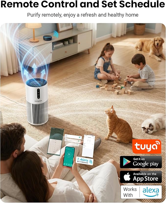 Smart Air Purifiers for Bedroom Home with Timer and Schedule, Cover 2200 Ft²and Quiet Sleep Mode, Washable Pre-Filter, WiFi HEPA Air Purifier For Remove Home Pets Odors, Smoke, Dust (White)