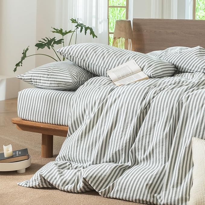 MooMee Striped Duvet Cover Set 100% Washed Cotton Linen Like Textured Breathable Durable Soft Comfy (Heathered Green Classic Stripes, Super Queen 90"x98")