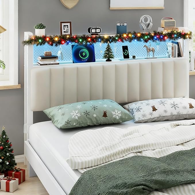 VINGLI Full Size Headboard for Bed,Headboards with Storage, Charging Stations and LED Lights, 2 Tier Shelves and Pegboard, Modern Bed Head Board, Adjustable Height, Upholstered Fabric, White