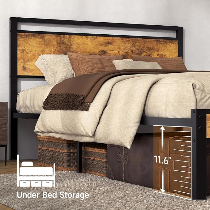 King Metal Bed Frame with Wooden Headboard and Footboard, Heavy Duty Platform Frame with Metal Slats, No Box Spring Needed, Quiet and Non-Slip Design, Space Saving Bed Frame for Bedroom, Vintage Brown