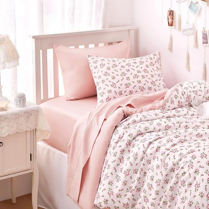 Wake In Cloud - Coquette Duvet Cover Set, Floral Cottagecore Flower Shabby Chic Cute Aesthetic, Soft Lightweight Bedding for Women Teen Girls, 3-Piece, Pink, Twin/Twin XL Size