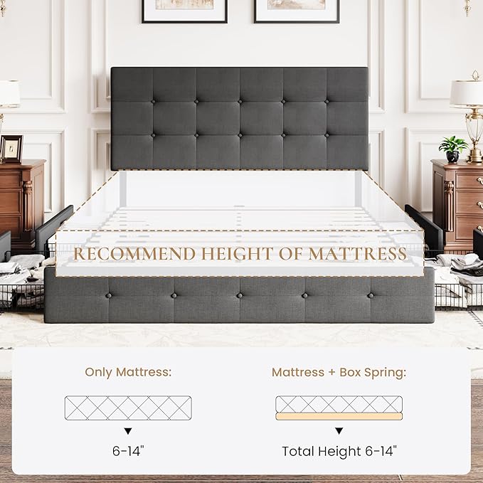 SHA CERLIN Upholstered Full Size Platform Bed Frame with 4 Storage Drawers, Adjustable Headboard with Square Stitched Button Tufted Design, Wooden Slat Support, No Box Spring Needed, Dark Grey