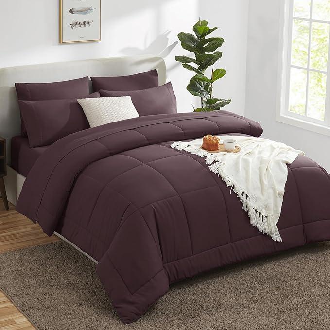 CozyLux Queen Comforter Set Cocoa Powder, 7 Pieces Bed in a Bag, Brown Comforters Queen Size, All Season Bedding Sets with Stitch Quilted Comforter, Flat Sheet, Fitted Sheet, Pillowcases