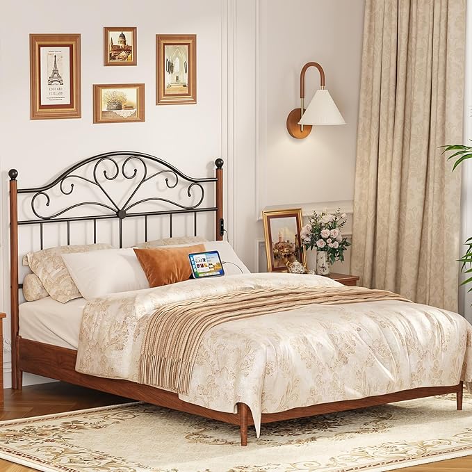 Merronix Full Size Headboard with Charger Stations, Vintage Metal Headboard Only Farmhouse Retro Freestanding Black Wooden-Painting Headboard for Queen Bed Frame, Height Adjustable, Easy Assembly
