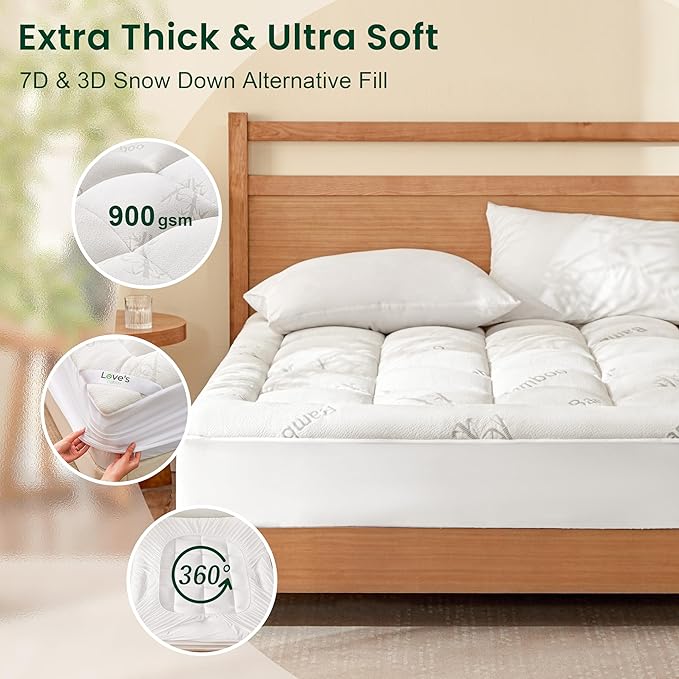 Love's cabin Full Size Mattress Topper Viscose Derived from Bamboo, Thick Pillow Top Mattress Pad with Stretchable Pockets for 8"-20" Mattress, Soft Breathable Cooling Mattress Topper for Hot Sleepers