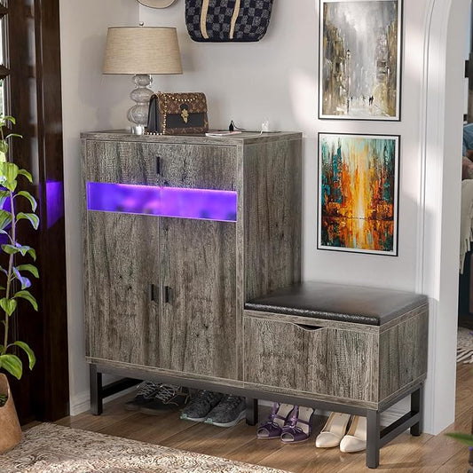 Armocity Shoe Cabinet Storage for Entryway - Freestanding Shoe Rack Bench with LED Lights & Power Outlets, Reversible Shoe Storage Cabinet Organizer with Drawer and Hidden Compartment, Grey Oak