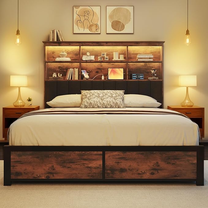 HISOFT Queen Bed Frame with Headboard, Wood Bed Frame with High Storage Bookcase, 4 Storage Drawers & LED & Charging Station,No Box Spring Needed/Noise Free/All-Metal Support, Vintage Brown