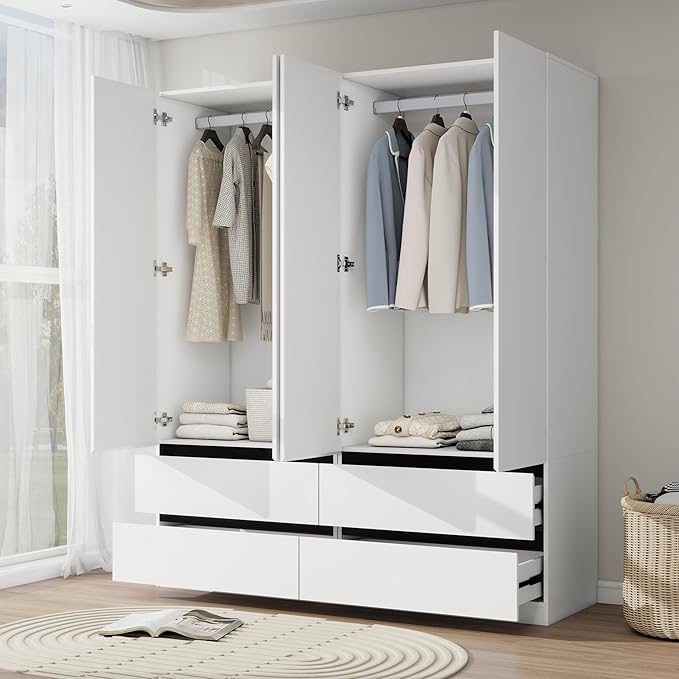 Armoire Wardrobe Closet with Drawers：75" Large White Wardrobe Closet Cabinet with 4 Doors for Hanging Clothes, Modern Wooden Bedroom Armoires with 4 Drawers and Storage (A+A, 63")