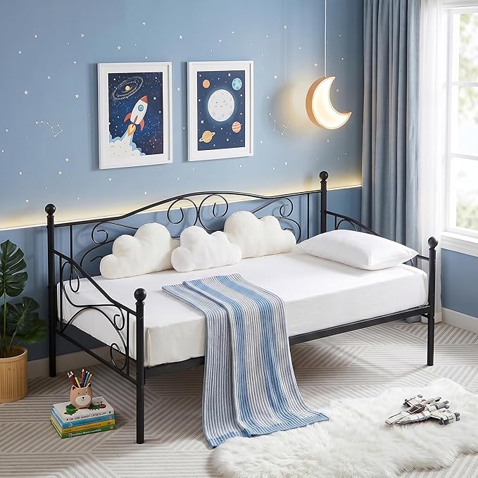 VECELO Daybed Frame, Twin Size Metal Platform Bed with Headboard,Heavy Duty Steel Slats Support for Living Room Bedroom Guest Room, Easy Assembly