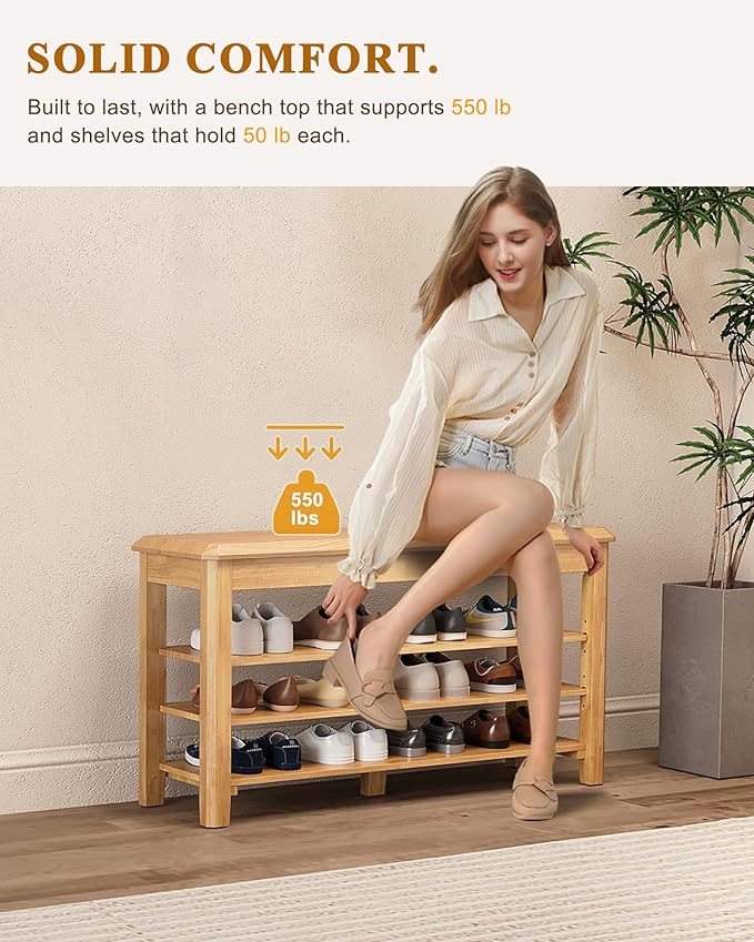 IUNVR Shoe Rack Bench Seat Rubberwood 3-Tier Wooden Storage Bench 550lbs Compact Mid-Century Modern Design for Entryway, Hallway, Closet, Front Door Entrance, Foyer