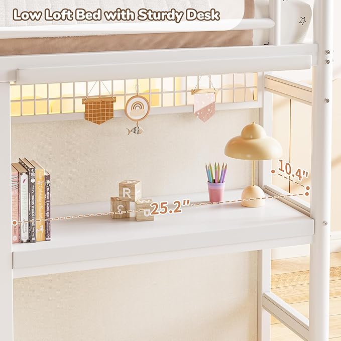 Low Loft Bed Twin Size with 7 Storage Drawers, Desk and LED Lights, Heavy Duty Metal Kids Loft Bed with 12" H Safety Guardrail, Anti-Collision Pad, Private Play Curtain, Under-Bed Play Space - White