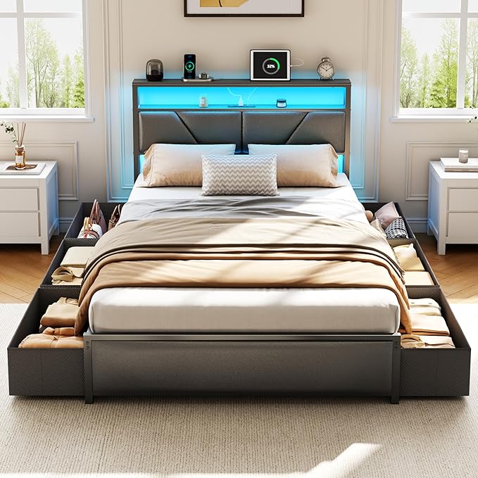 OURPIC Full Size Bed Frame, 2-Tier Storage Headboard & 6 Fabric Drawers, PU Leather Upholstered Platform Bed Frame Full with Charging Station and LED Lights, No Box Spring Needed, Noise Free