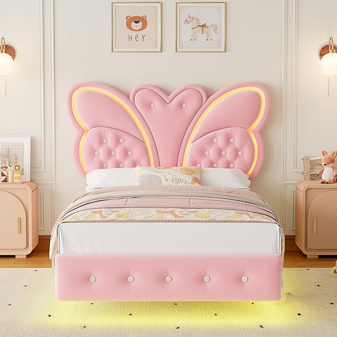 Keyluv Twin Bed Frame Butterfly-Pattern Upholstered Headboard, Modern Floating Bed with LED Lights Button Tufted on Headboard and Footboard, Slats Support No Box Spring Needed, Noise-Free, Pink