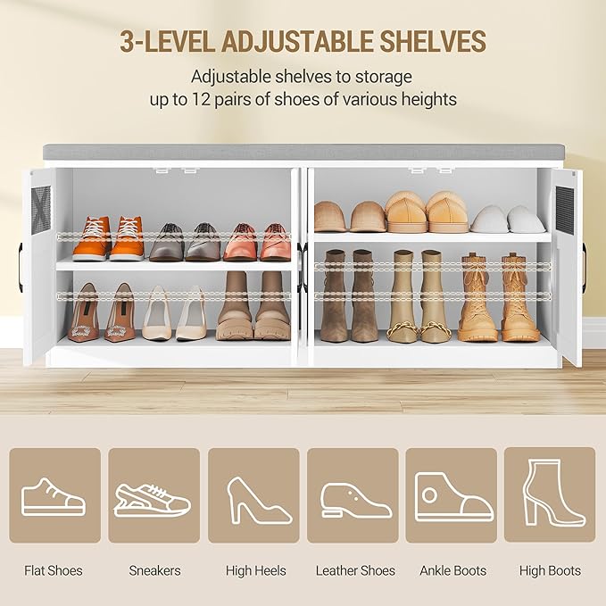 Hzuaneri 2 Tier Shoe Storage Bench with Doors, 47.2" Farmhouse Shoe Bench with Padded Cushion, 12 Pairs of Bed End Bench, Entryway Bench with Storage for Bedroom, Living Room, White SB61203X